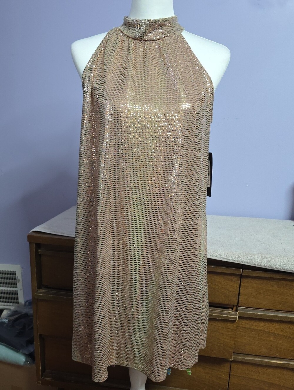 bebe Rose Gold‎ Sequin Halter Dress